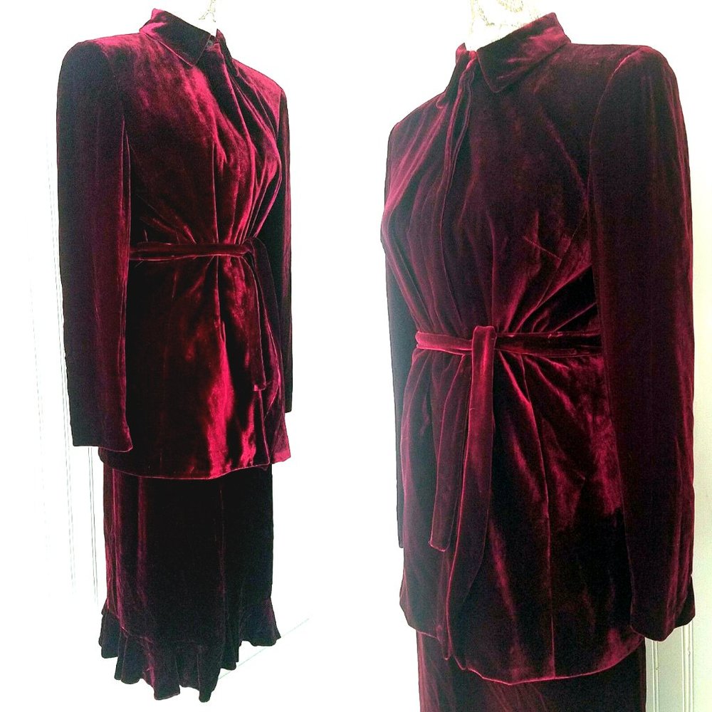 Plush Wine Color Velvet Skirt Jacket Set NWT - Picture 2 of 6